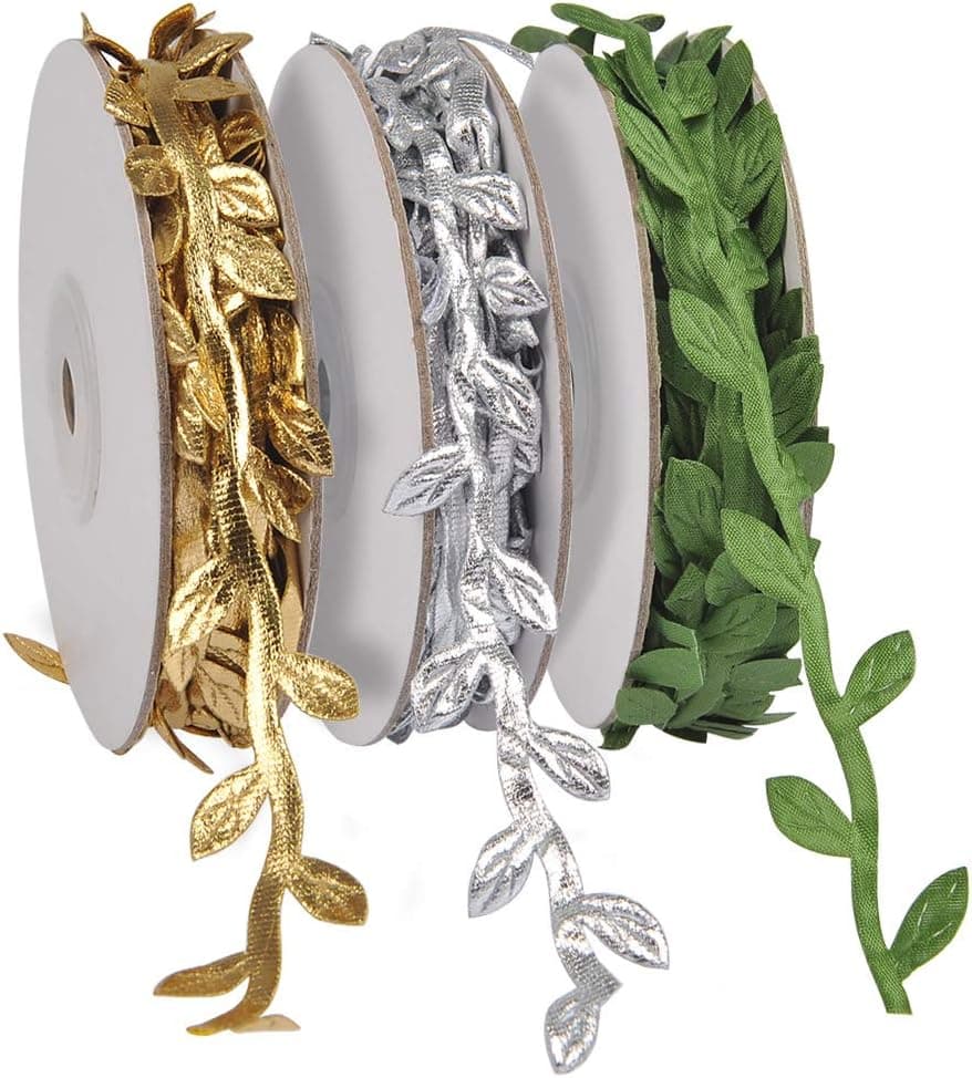 ATPWONZ 3 Rolls Olive Leaf Ribbons Trim Spool Gold Silver Green Lace Ribbons Wreath Making Gift Wrapping Wedding Decoration (10Yd/roll, 30Yd)