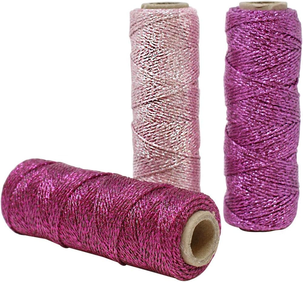Just Artifacts 3pcs Assorted Metallic Bakers Twine 55-Yards 11Ply (Light Pink, Raspberry, Fuchsia)