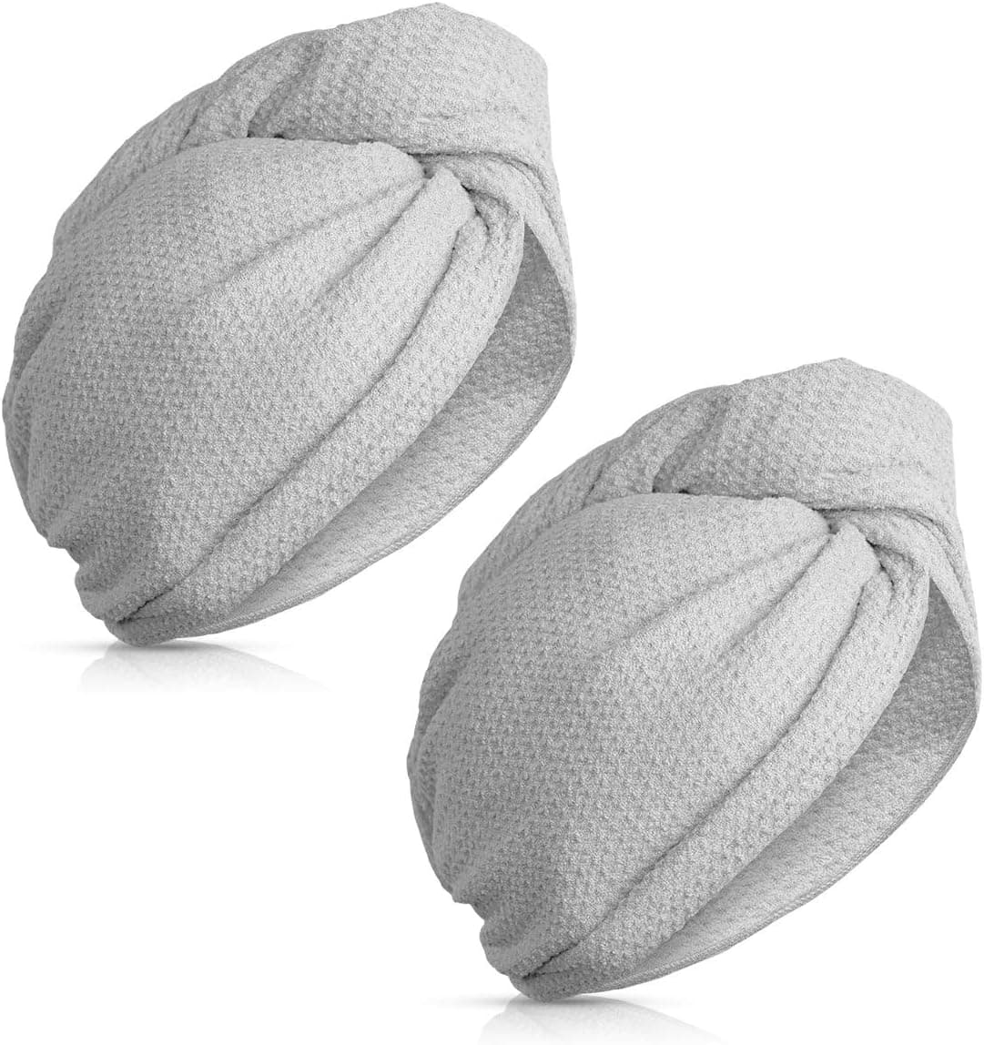 Navaris Microfiber Hair Turban Towels - Pack of 2 Absorbent Waffle Weave Towel Twist Wraps with Button to Dry Hair Faster After Bath or Shower - Gray