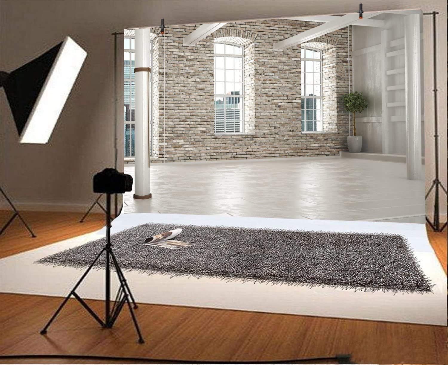 Leyiyi 5x4ft Photography Background Modern Study Backdrop Vintage Brick Wall French Arch Windows Glass Mansion Apartment Building Business Hall Wedding Bride Photo Portrait Vinyl Studio Video Prop