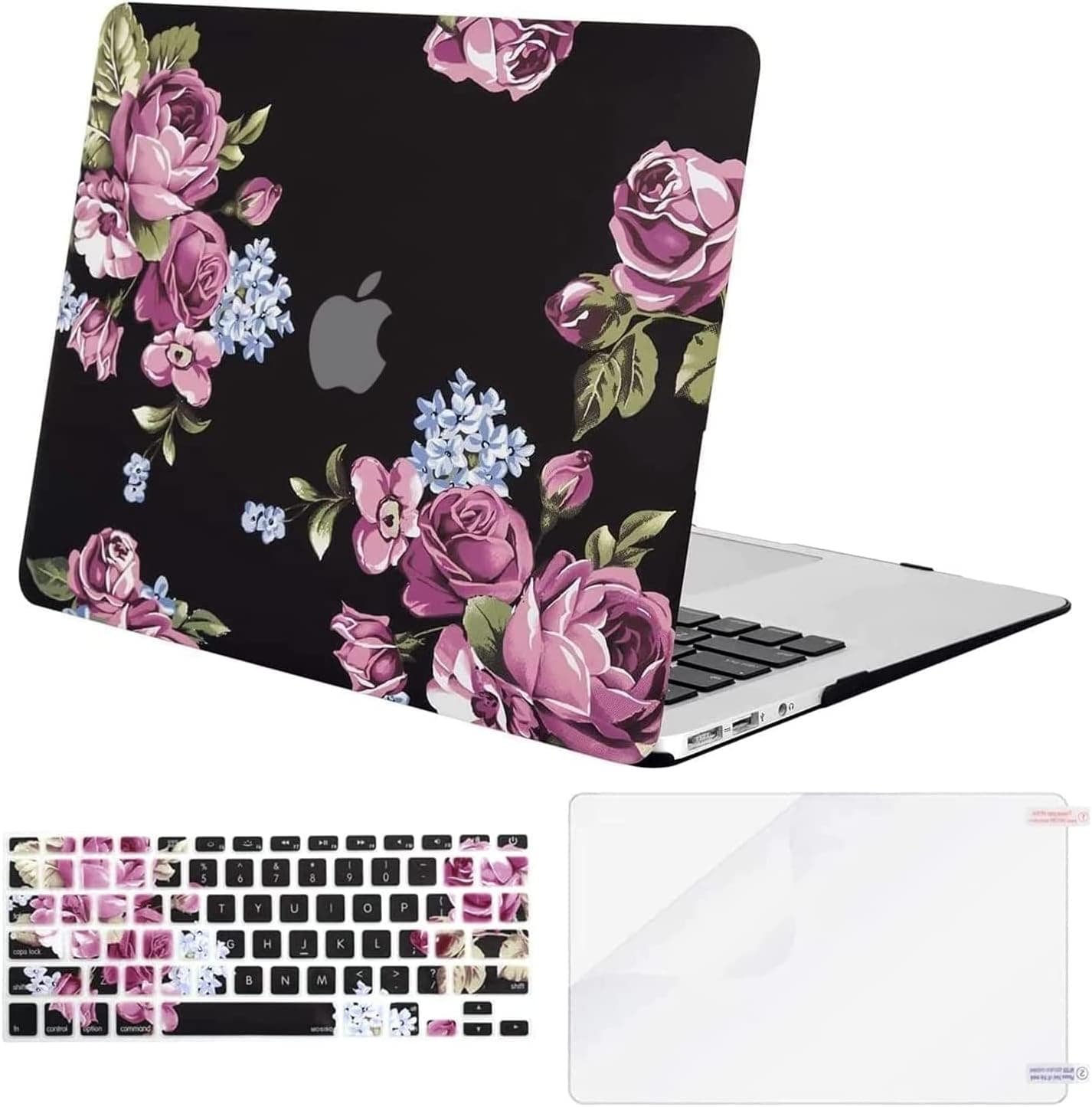 MOSISO Compatible with MacBook Air 13 inch Case (Models: A1369 & A1466, Older Version 2010-2017 Release), Plastic Pattern Hard Shell Case & Keyboard Cover & Screen Protector, Purple Peony