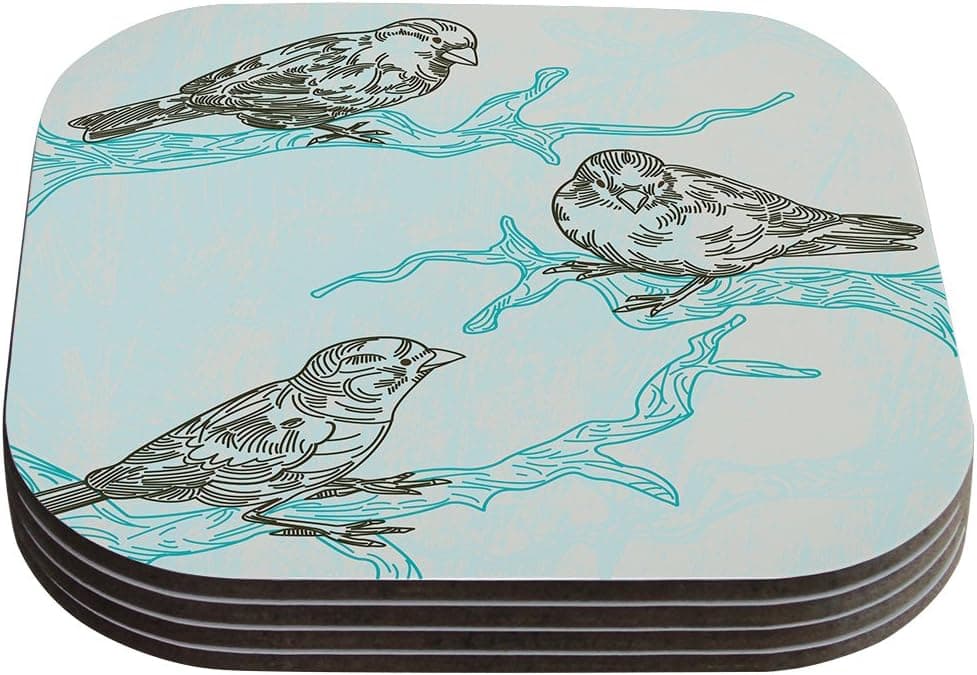 Kess InHouse Sam Posnick"Birds in Trees" Coasters, 4 by 4-Inch, Blue/Brown, Set of 4