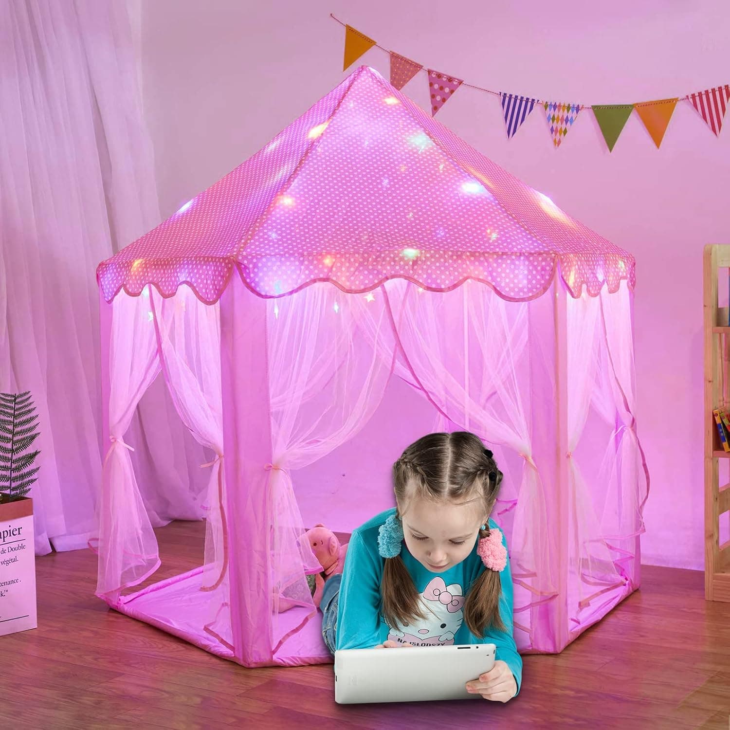 LOJETON Large Playhouse for Girls, Kids Castle Play Tent, Dream Tent for Indoor Outdoor Games - 55'' x 53'' (Pink), Girl Tent