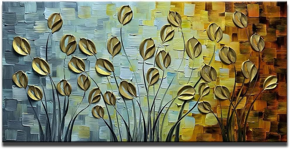 Asdam Art - Gold Daisy Oil Paintings on Canvas Budding Flowers Art 100% Hand-Painted Abstract Artwork Floral Wall Art for livingroom Bedroom Dinning Room Decorative Pictures Home Decor (24X48in)