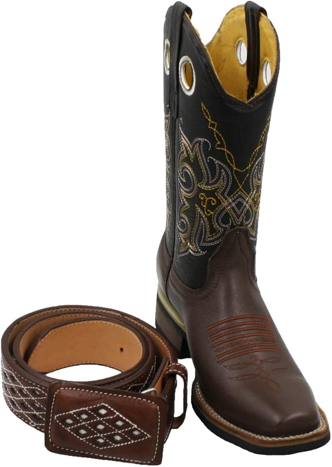 Men's Genuine Cowhide Leather Cowboy Square Toe Rodeo Boots with free belt_Brown-10.5