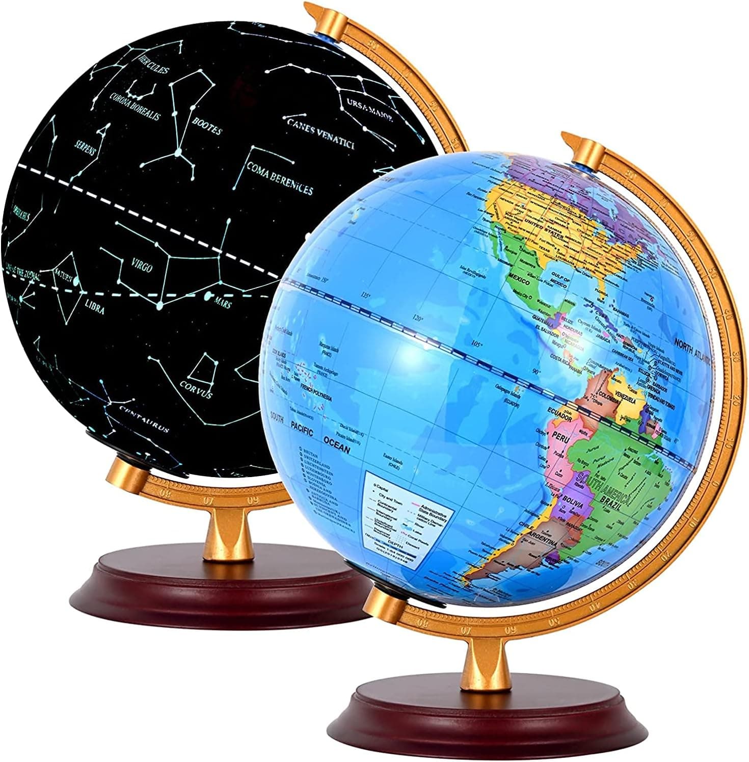 Wizdar 8" LED Illuminated Globe for Kids with Wooden Base, 3 in 1 Interactive Educational World Globes with Stand, Earth Globe with Political Map, Constellation Globe and LED Desk Nightlight