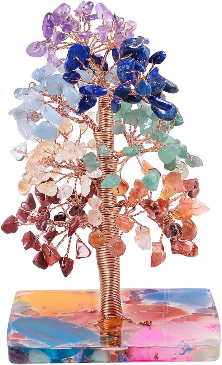 Nupuyai 7 Chakra Crystal Stone Money Tree Wrapped on Orgone Agate Slices Base, Tree of Life Crystal Bonsai Feng Shui Figurine Decor for Wealth and Luck 4.7-6 Inch