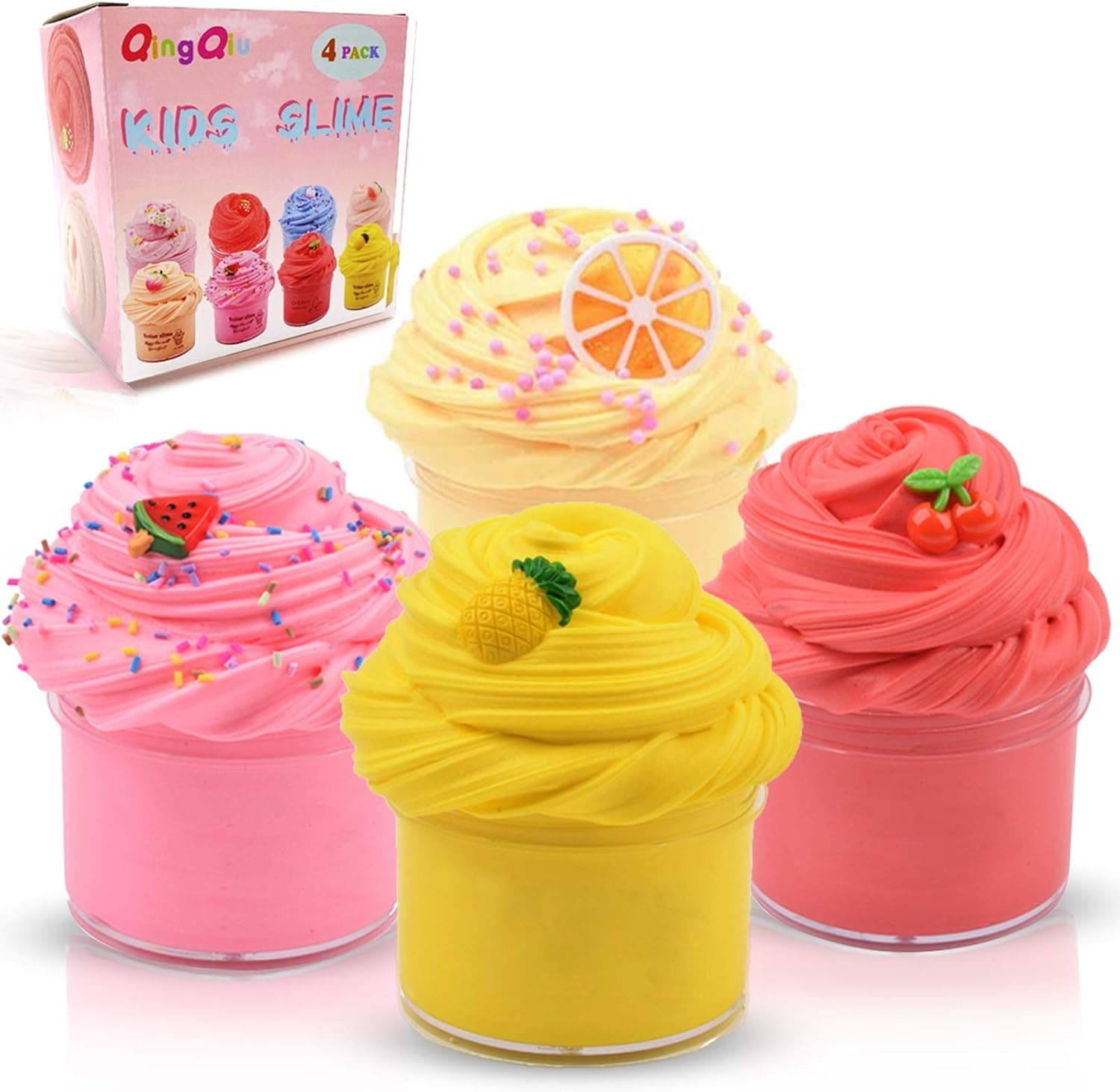 QINGQIU 4 Pack Butter Slime Kit with Lemon Watermelon Pineapple Cherry Charms Scented Unicorn Slime Stress Relief Sludge Toys for Kids Girls Boys Party Favors