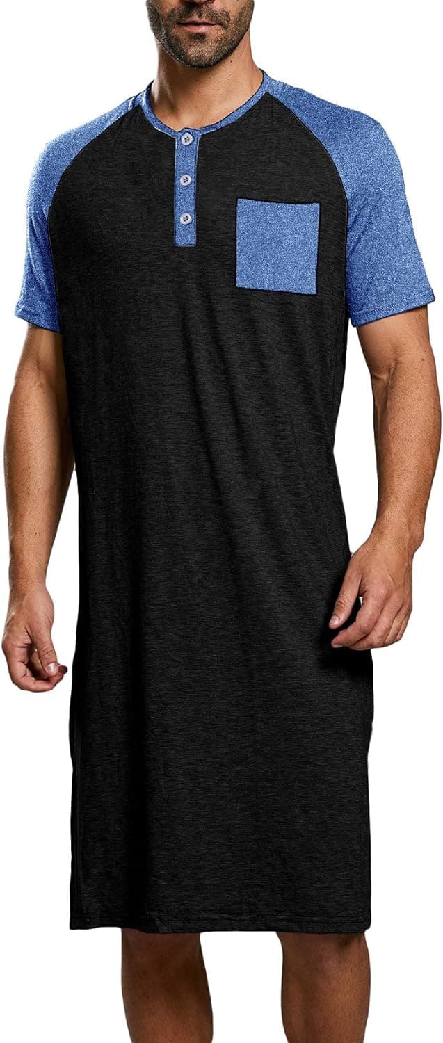 Ryannology Mens Cotton Nightshirts Short Sleeve Sleepwear Henley Neck Stretchy Comfy Long Nightgown Nightwear