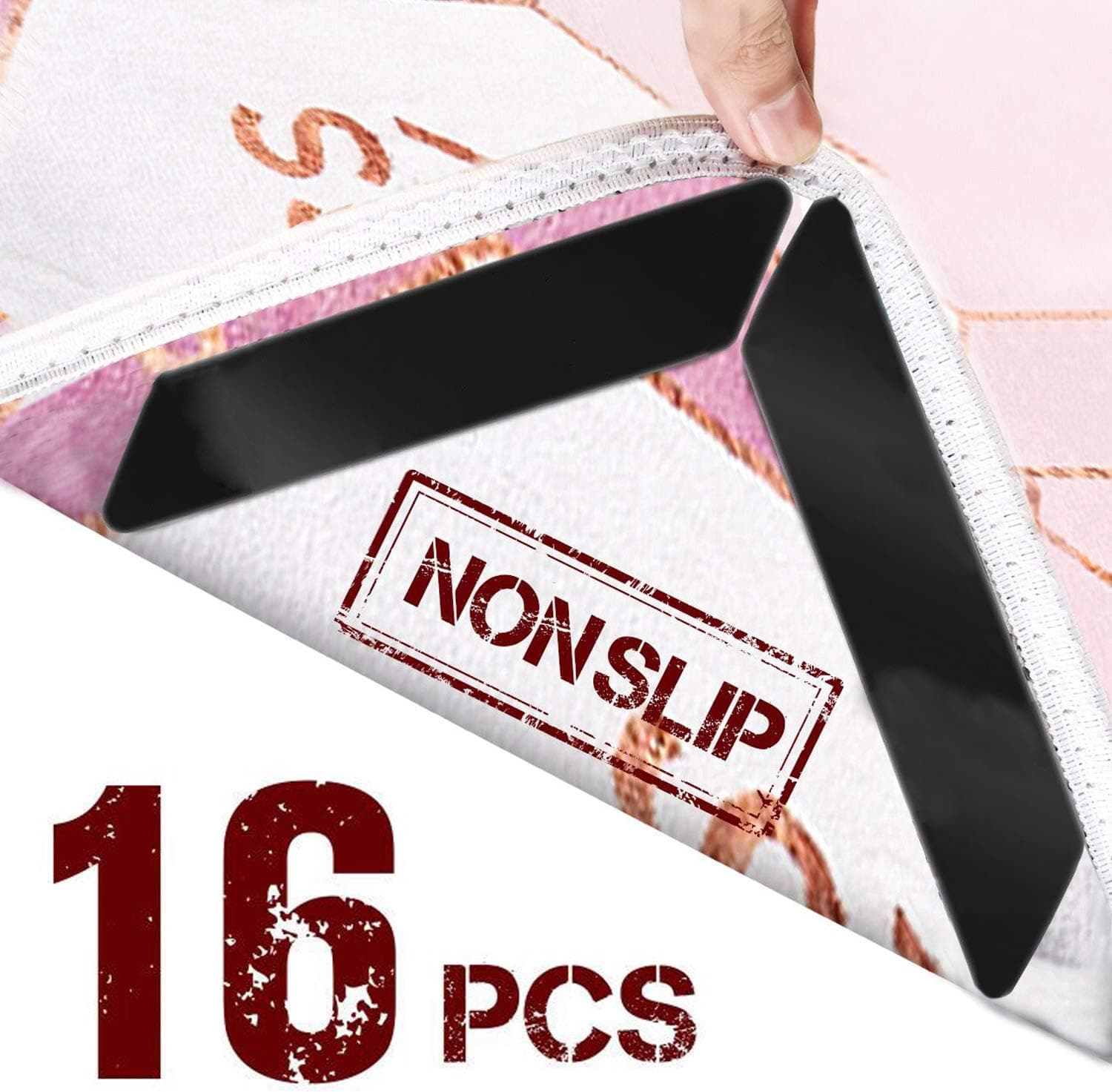PPJew Rug Gripper,16 PCS Anti Slip Carpet Gripper Pads to Keep Rugs in Place & Make Corners Flat, Renewable Carpet Tape with Strong Adhesive for Indoor & Outdoor Rugs (Black, 16)