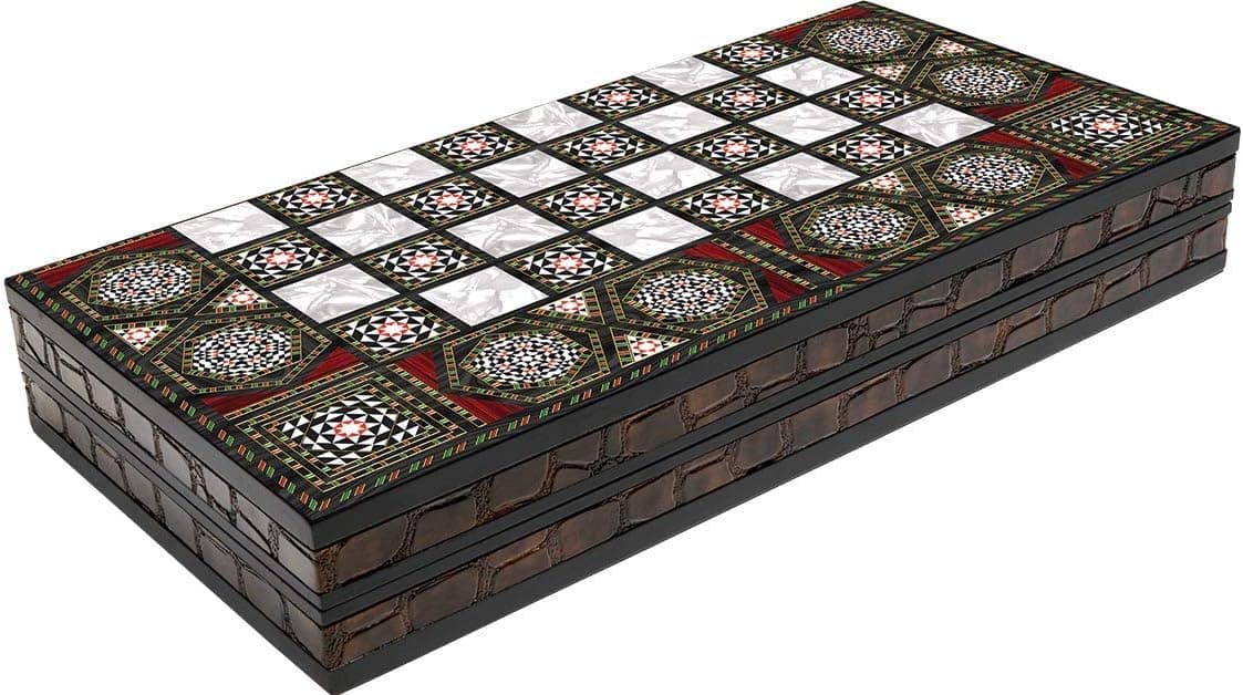 LaModaHome 16.5'' Turkish Backgammon Set, Nacreous Wooden and Leather Covering, Board Game for Family Nights, Modern Elite Vinyl Unscratchable Tavla for Adults and Couples, Magnetic Closing