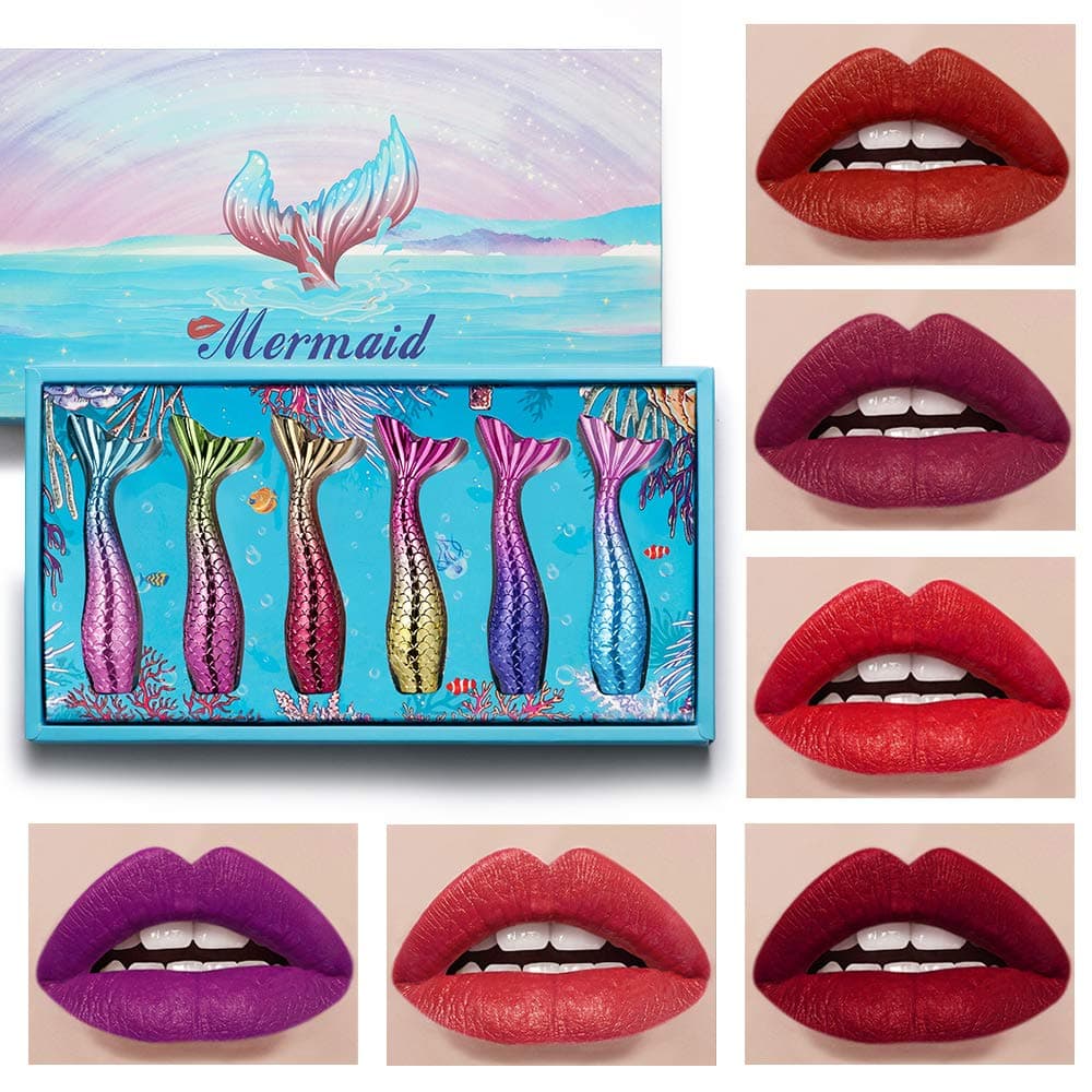6Pcs Halloween Party Liquid Lipstick Makeup Set,Mermaid Tail Lip Gloss Kit,Long Lasting Waterproof Gift Sets for Girls and Women (001)