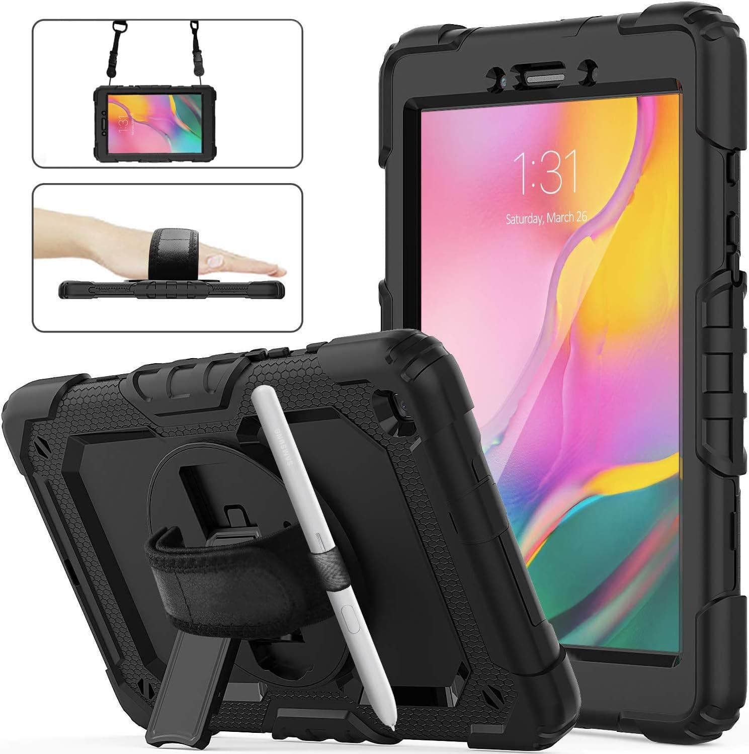 Galaxy Tab A 8.0 SM-T290/T295 Case 2019 with Screen Protector | Herize Heavy Duty Rugged Shockproof Protective Case Cover with Pencil Holder/Hand Strap/Shoulder Strap for Samsung Tab A 8.0 Inch