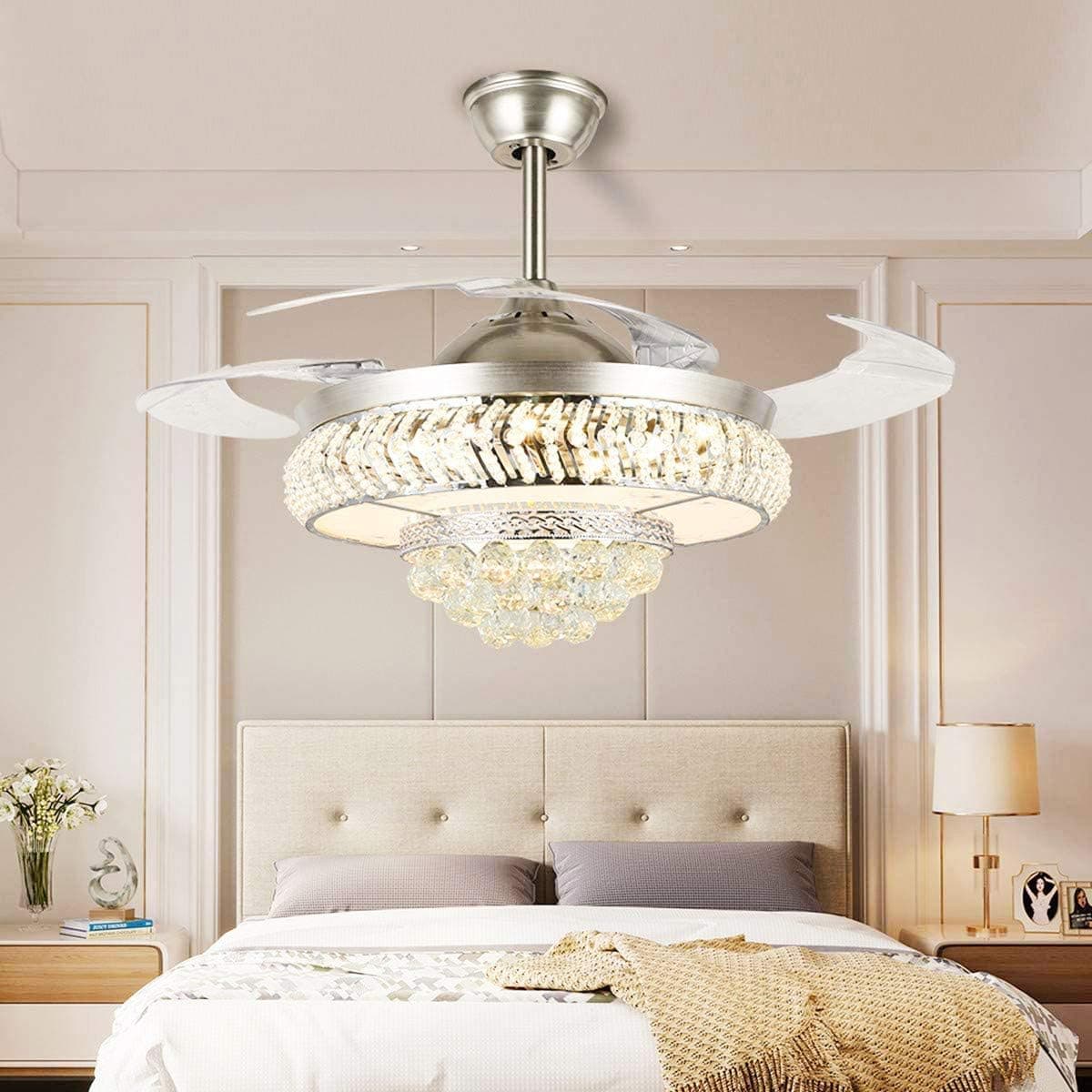 Led Ceiling Lights with Remote Modern Retractable Blades Ceiling Fan Kit Home Fixture Modern Luxury Chandelier for Living Room 42"