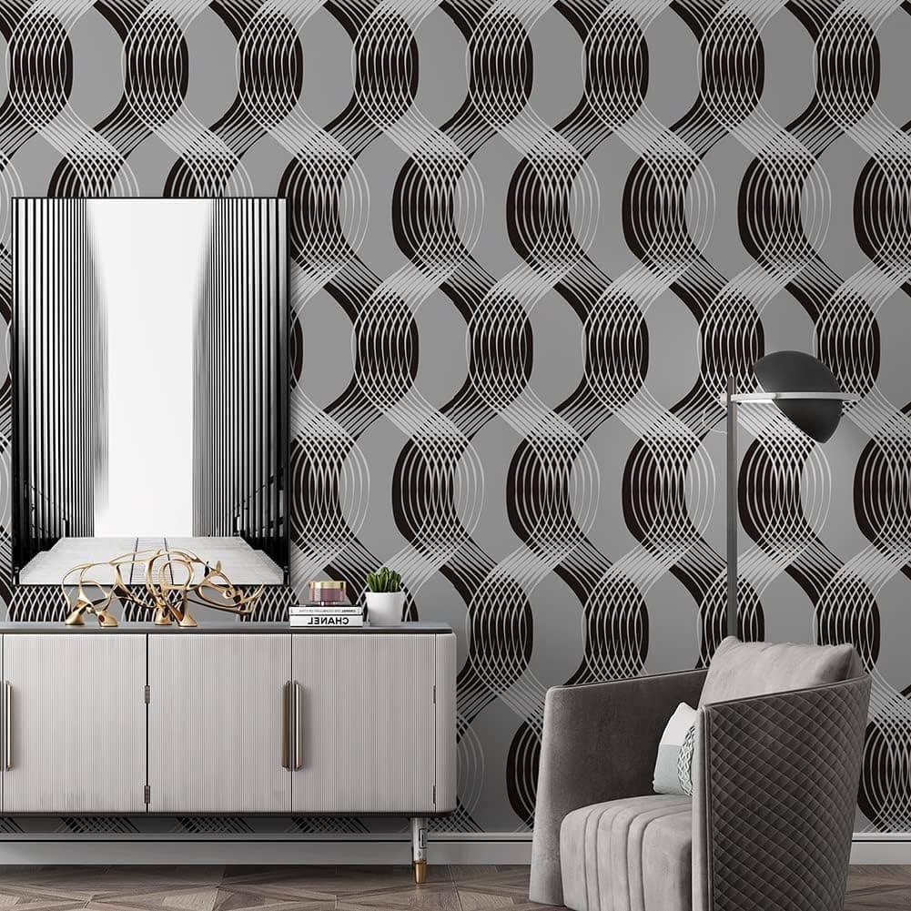JZ·HOME 1376-10M Geometric Waves Curve Peel and Stick Wallpaper 17.7"x 32.8ft Black/Gray Abstract Stripe Self Adhesive Contact Paper Cabinets Shelves Drawer Liner Home Decor