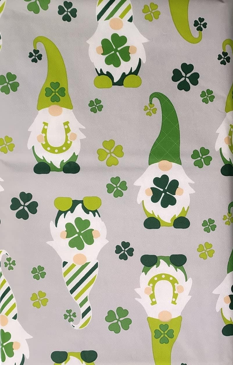 St. Patrick's Day Irish Gnomes Holding 4 Leaf Clover and Horse Shoes on Green