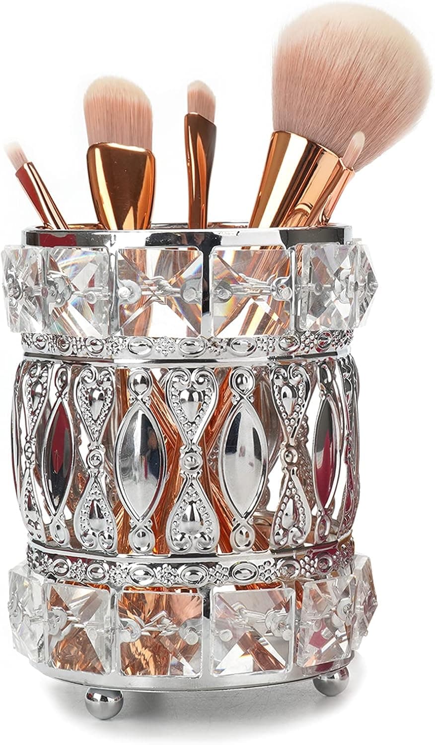 Makeup Brush Holders Organizer, Golden Crystal Vanity Bling Decor Make Up Brushes Organizator Holder, Pen Cup Pencil Holders for Office Desk Dresser Countertop Cosmetics Accessories Storage ( Silver )