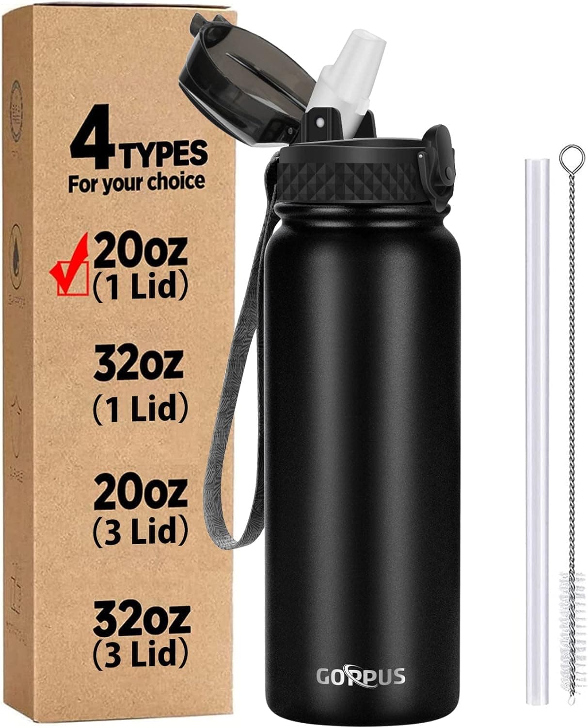 GOPPUS 20oz Insulated Stainless Steel Water Bottle with Straw Lid Reusable Leakproof Water Flask, Keeps Hot and Cold Sports Canteen Water Bottles for Kids Men Women Gym