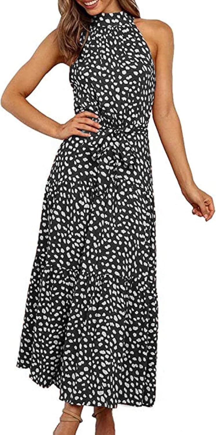 PRETTYGARDEN Women's Casual Halter Neck Sleeveless Floral Long Maxi Dress Backless Loose Ruffle Sundress with Belt