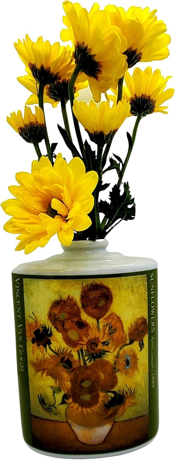 Ceramic Flower Vase with Yellow Green Van Gogh Sunflower Art