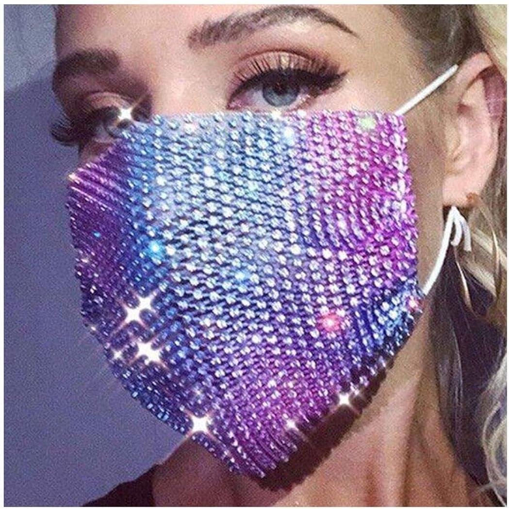 Campsis Rhinestone Mesh Face Mask Sparkly Crystal Face Masks Chain Purple Masquerade Mask Prom Party Nightclub Face Necklace Jewelry for Women and Girls