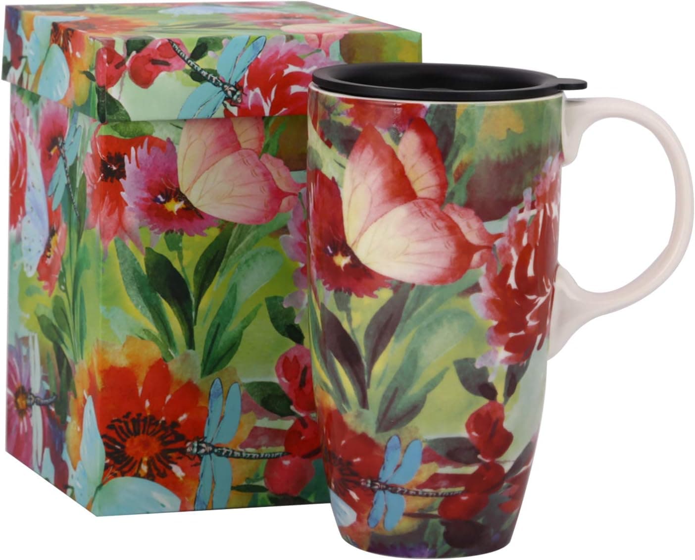 Topadorn Ceramic Coffee Mug 17 oz. Coffee Cup with Color Boxs and Spill-proof Lid, Butterfly and Dragonfly