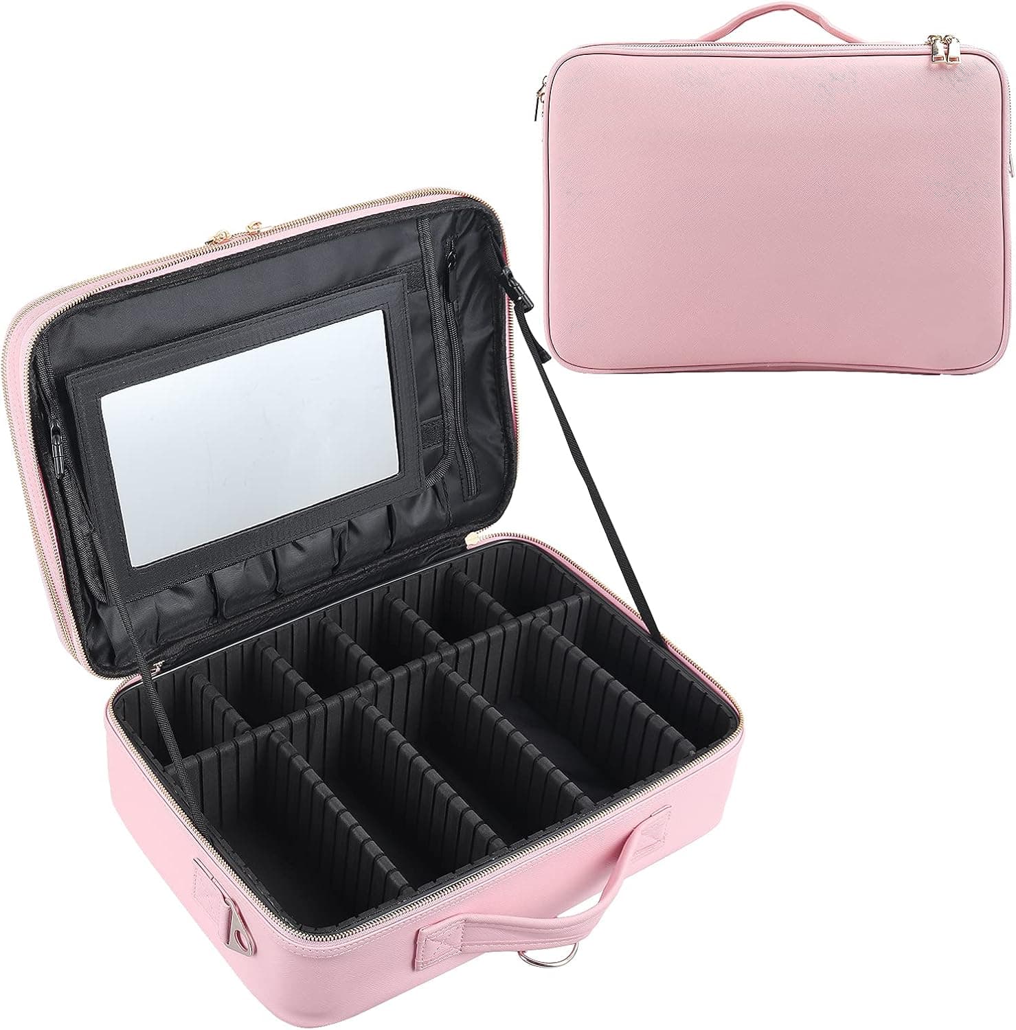 TOPPOINT Makeup Train Bag,16 Inches PU Leather Make Up Bag Hanging Makeup Tool Storage with Adjustable Compartments,Pink,Large