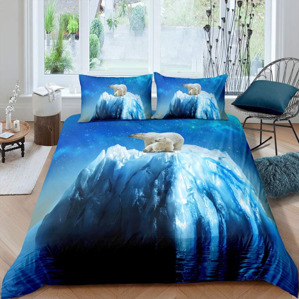 Erosebridal 3D Galaxy Starry Polar Bear Duvet Cover Queen White Animal Pattern Kids Teen Bedding Set for Boys Girls Adult Women, 3 Pieces Ultra Soft Comfortable Blue and White Comforter Cover