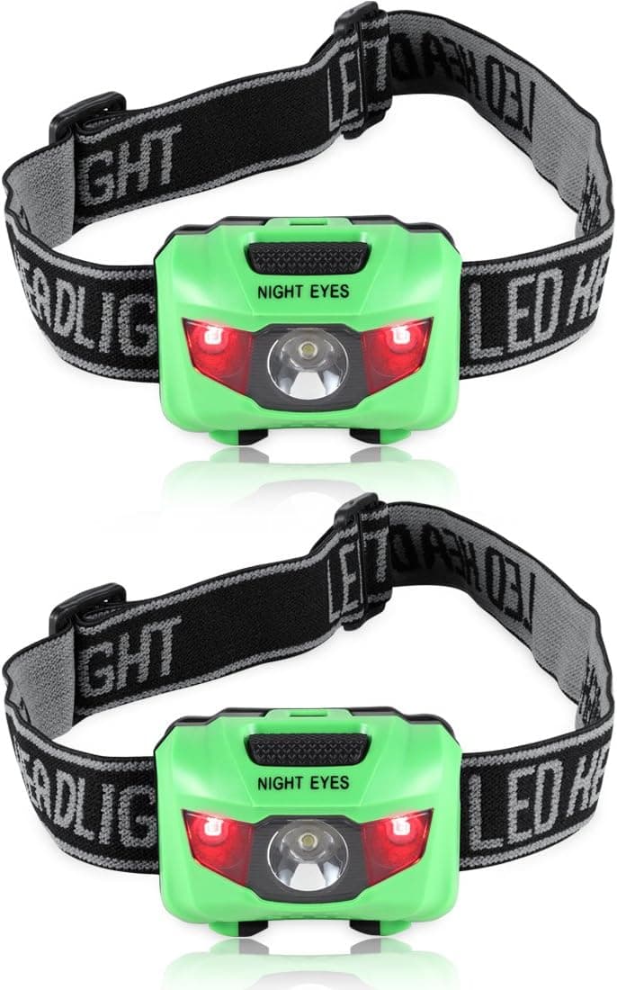 Night Eyes-Best & Brightest Headlamp Flashlight with 2 RED LED LIGHT - Perfect & Lightweight headlight for Hiking,Running,Walking, Camping, Reading,Fishing,Hunting,DIY -2PACK (Green)