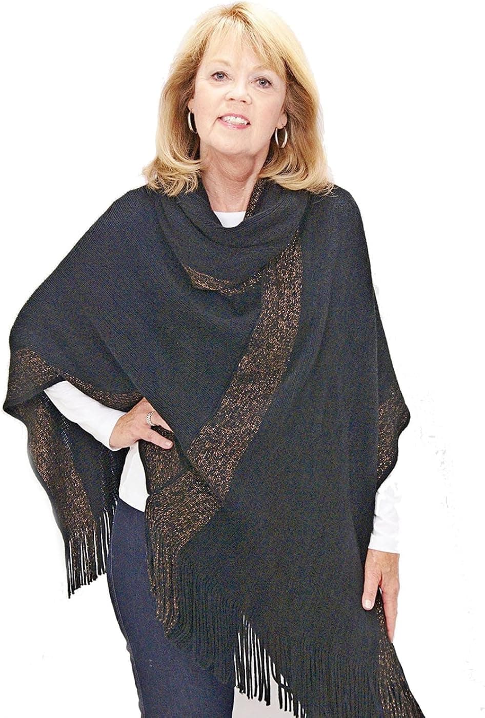 Large Collared Poncho, Fringed with Subtle Sparkle. Dresses up Boots and Jeans! (Black)