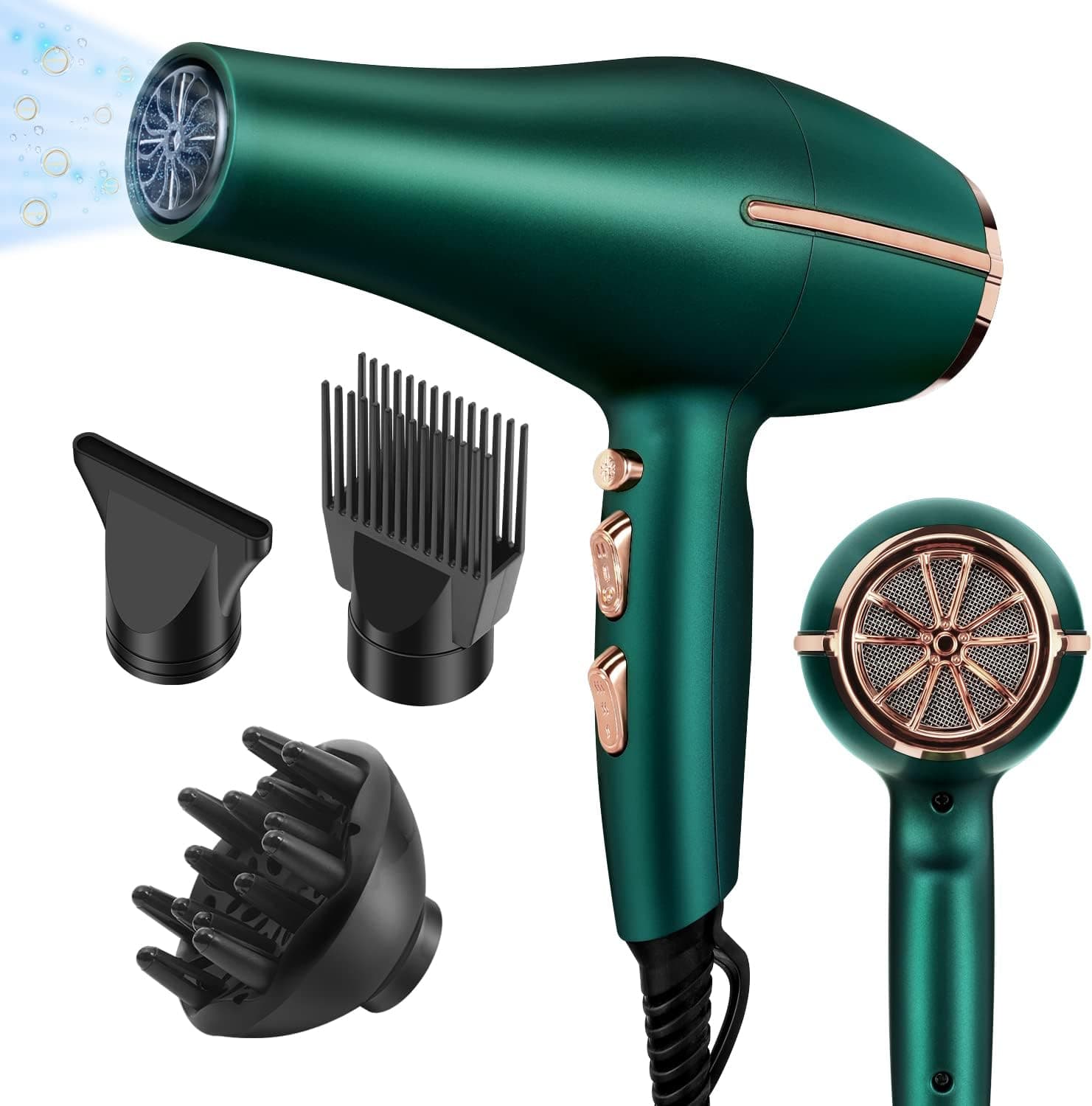 ARDIRO 2000 Watt Negative Ionic Hair Dryer, Professional Salon Blow Dryer, Low Noise Fast Drying & Powerful AC Motor and Diffuser Comb for Men Women, Cool Shot Button,3 Heat & 2 Speed Settings- Green