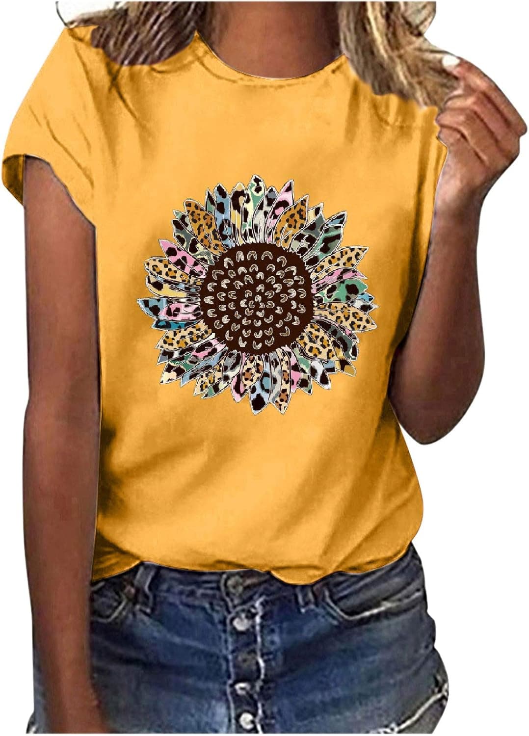 Womens Blouses and Tops Dressy, Sunflower Print Crewneck Sweatshirt Graphic Plus Size T Shirt Short Sleeve Tee Shirt
