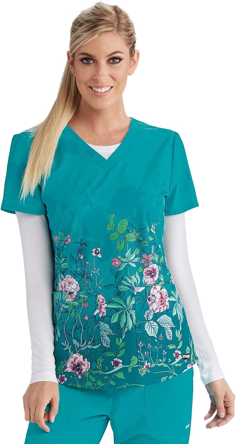 Grey's Anatomy 41386 Women's 2 Pocket V-Neck Fashion Back Detail Print Scrub Top Twilight Field M