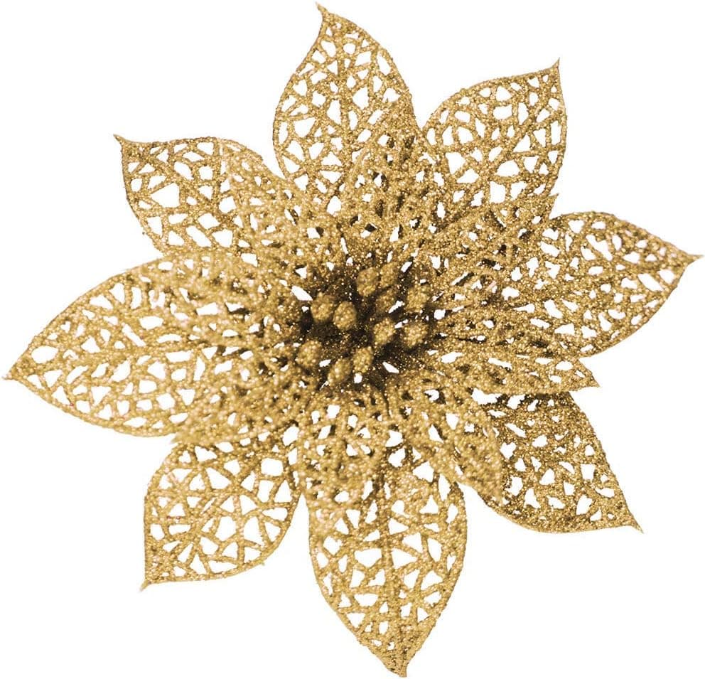 OKSANO 12 Pcs Christmas Flowers Christmas Tree Decorations Artificial Flowers Poinsettia, Glitter Xmas Flowers Poinsettia Bushes Christmas Tree Ornaments Gold Poinsettia Christmas Decorations