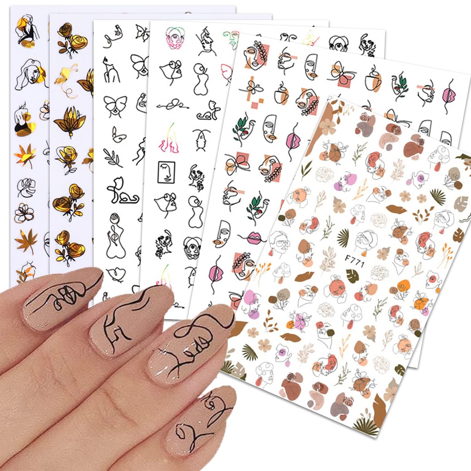 Nail Art Stickers with Abstract Style, 3D Self Adhesive Nail Art Supplies Abstract Lady's Face Black Lines Leaves Design Nail Decals for Women and Girl DIY Nail Decorations Acrylic Nails Manicure Tips 6 Sheets