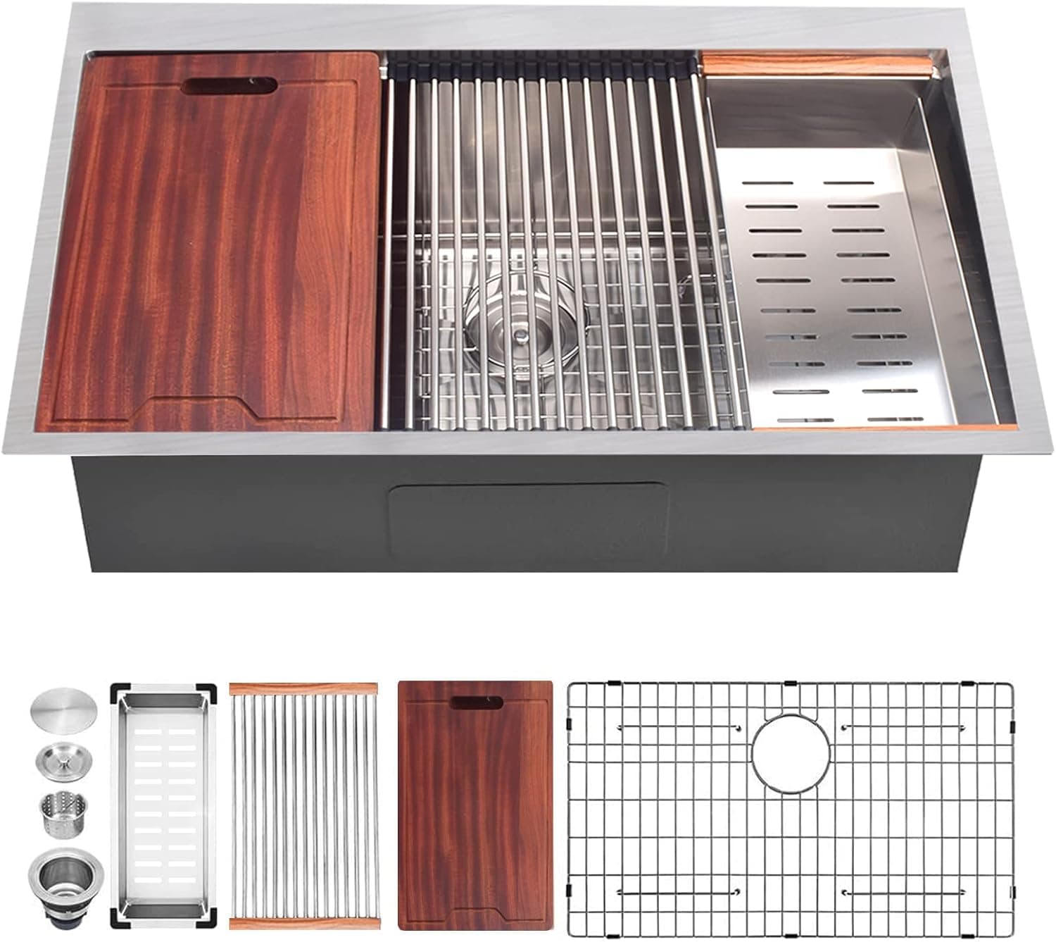 33-inch Workstation Undermount Single Bowl Kitchen Sink, Handmade T304 Stainless Steel Kitchen Sinks Set, 31X17X10 Inch Large Deep Workstation Sink with Accessories (Pack of 5)