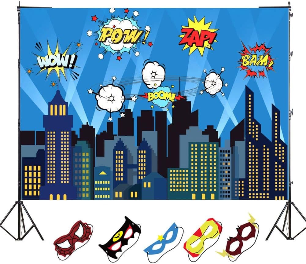 OurWarm 5 x 7ft City Photography Backdrop and Superhero Party Masks for Kids Birthday Party Decoration, Studio Superhero Photography Background