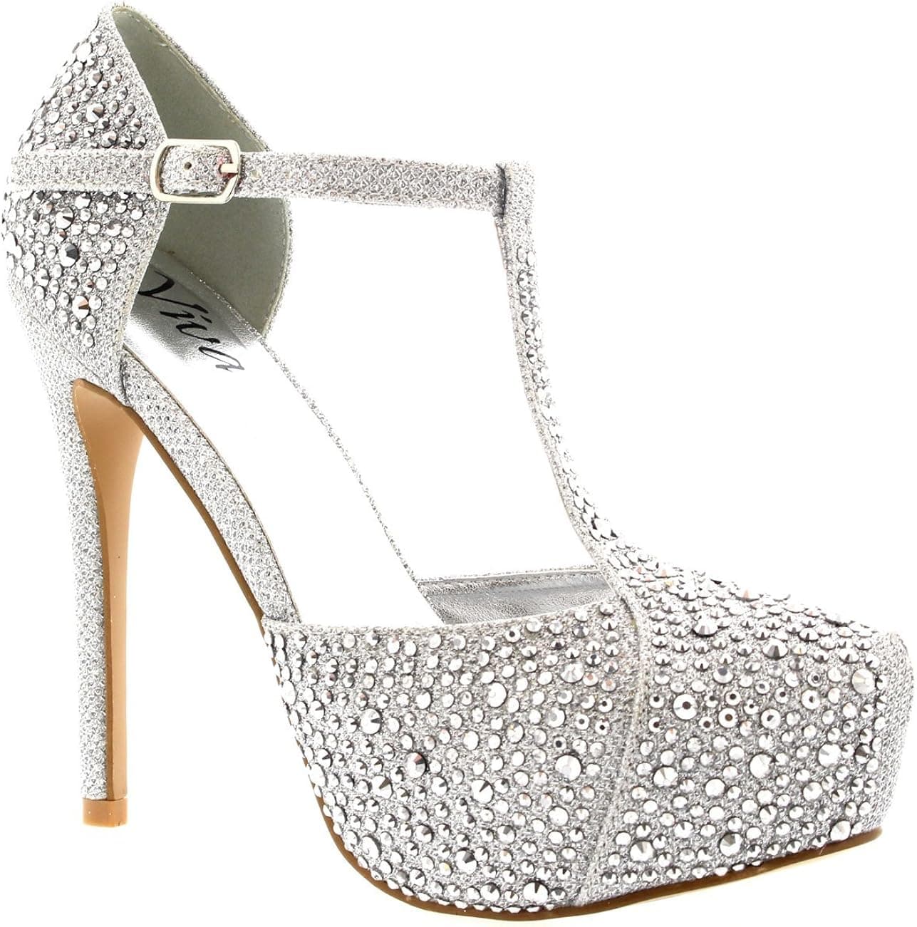 Viva Womens Wedding Stiletto Heels Crystals T-Strap Platform Bridal High Heel