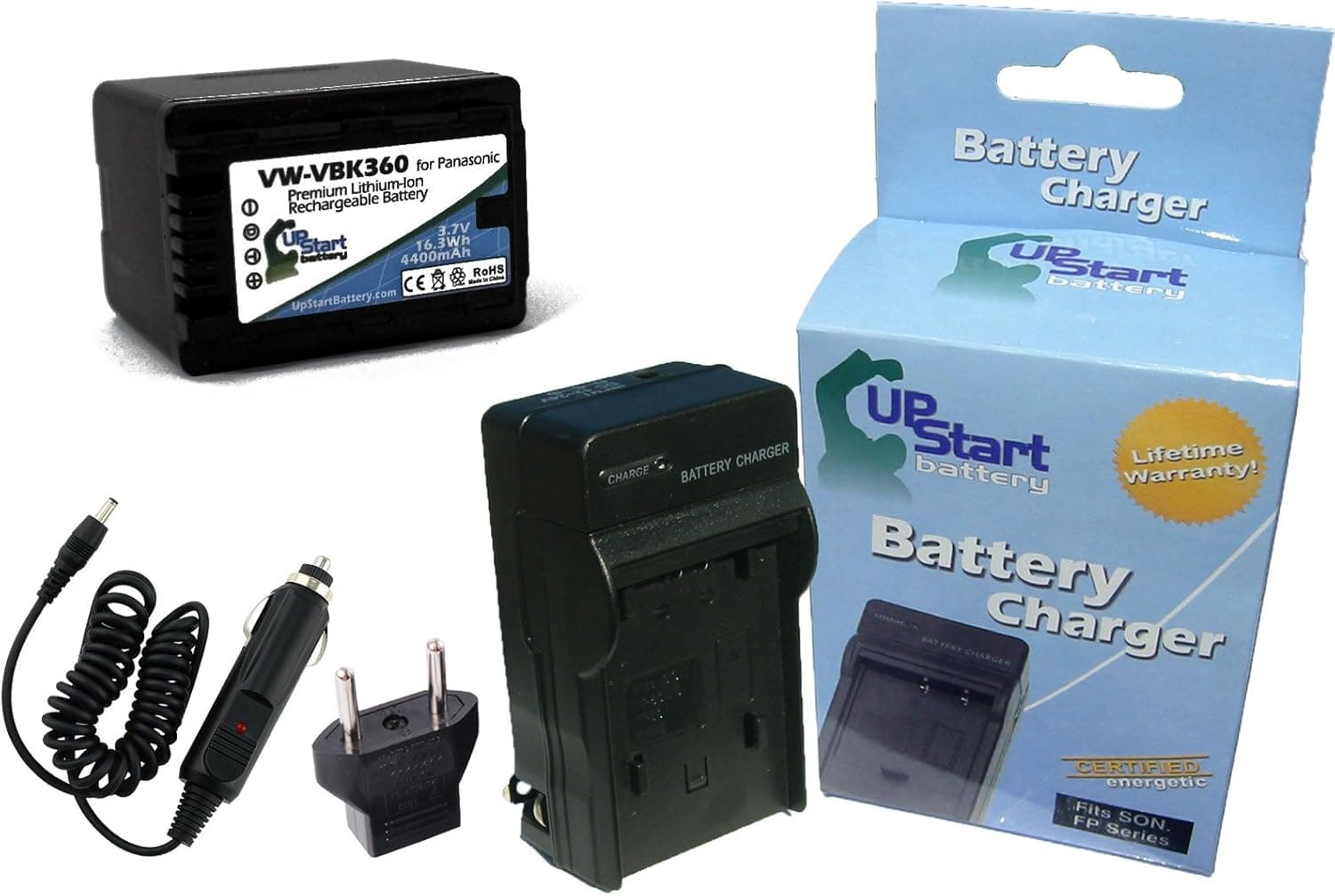 Replacement for Panasonic SDR-T55P Battery and Charger with Car Plug and EU Adapter - High Capacity Compatible with Panasonic VW-VBK360 Digital Camera Batteries and Chargers (4400mAh,3.7V,Lithium-Ion)