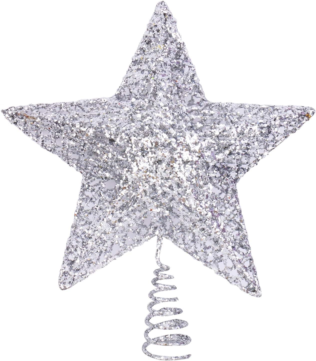Boieo Silver Glitter Five-Pointed Star Christmas Tree Toppers 8"