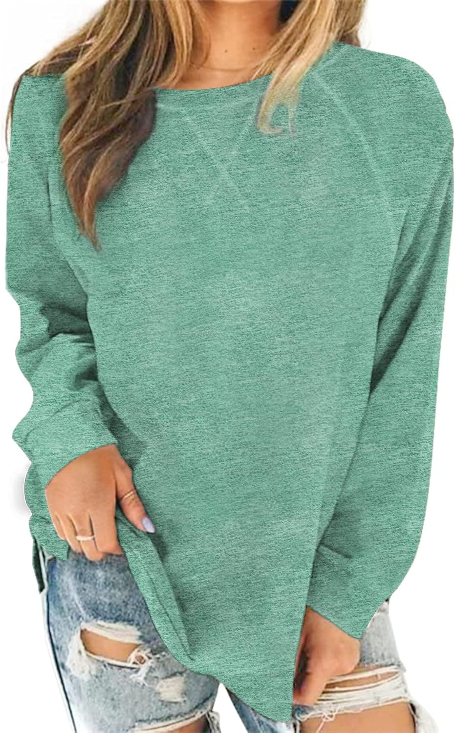 LERUCCI Womens Long Sleeve Tunic Tops To Wear With Leggings Lightweight Side Split Sweatshirts Sweaters Loose Pullover Shirts Green Small