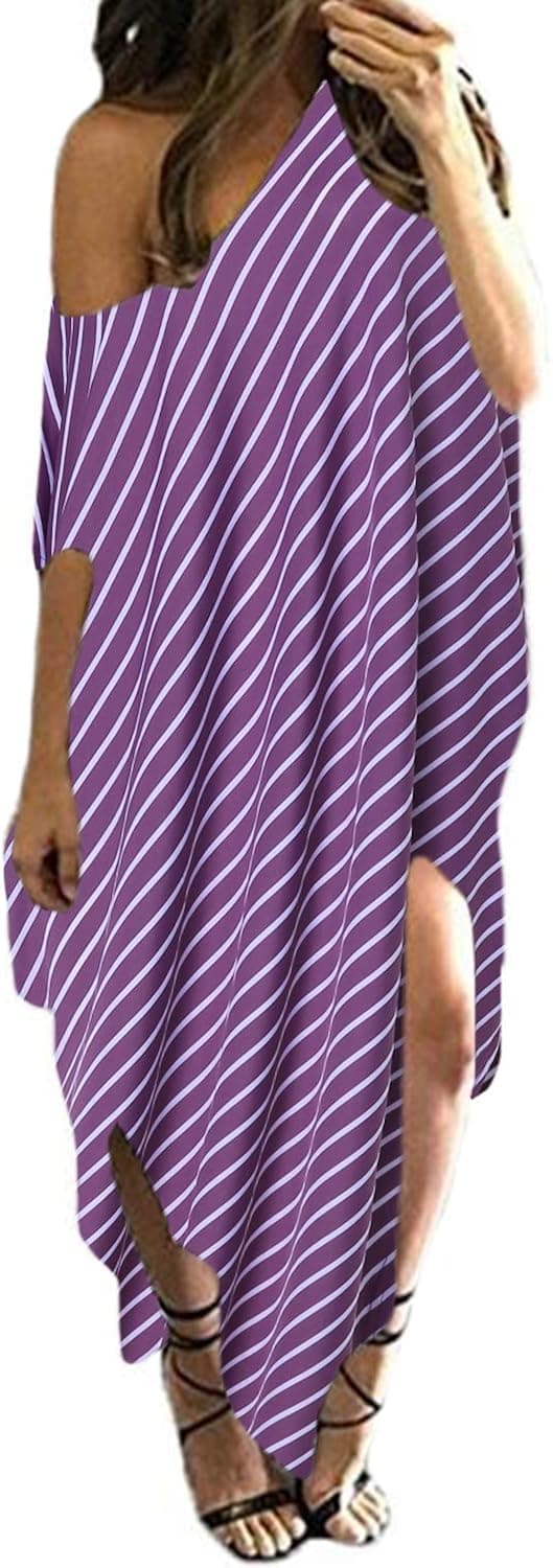 Kidsform Women Maxi Dress Striped Long Dresses Casual Loose Kaftan Oversized Round Neck Sundress