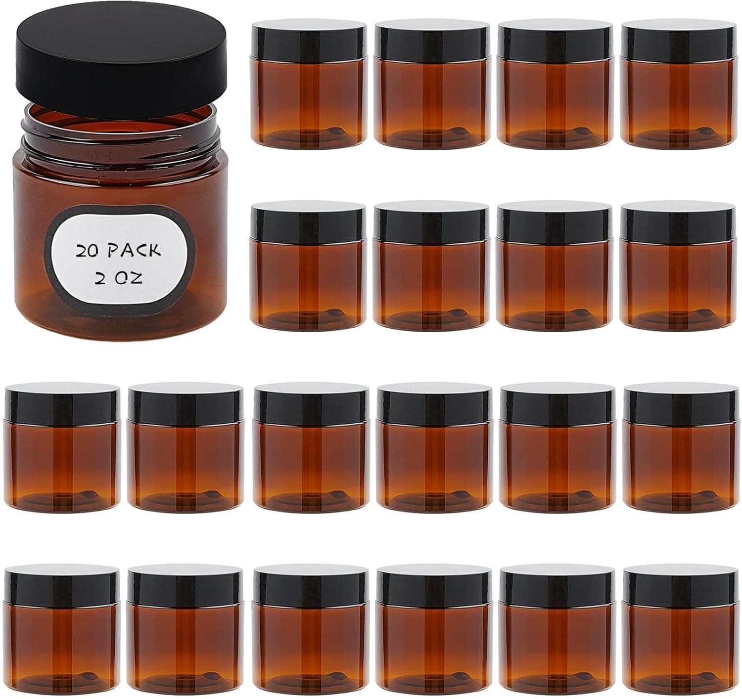 20 Pack 2 oz Amber Plastic Pot Jars Round Containers with Lids and Labels, Refillable Empty Plastic Cosmetic Jars for Creams, Lotion, Beauty, Slime