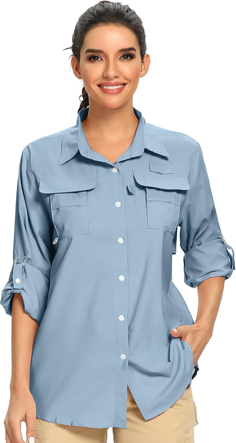 Women's UPF 50+ UV Sun Protection Safari Shirt, Long Sleeve Outdoor Cool Quick Dry Fishing Hiking Gardening Shirts