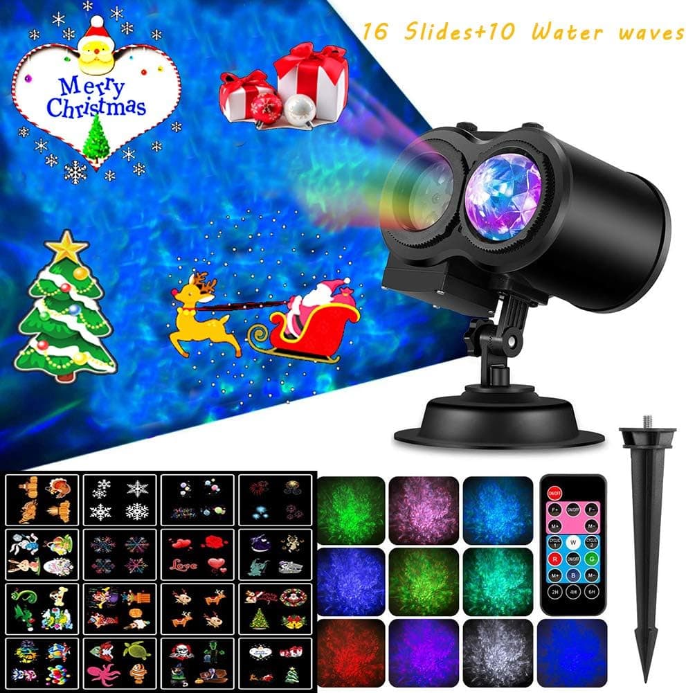 Christmas Light Projector, Outdoor and Home Waterproof 2-in-1 Moving Patterns Rotating LED Projection Lamp for Christmas Halloween Party Garden Decorations - 16 Slides 10 Colors