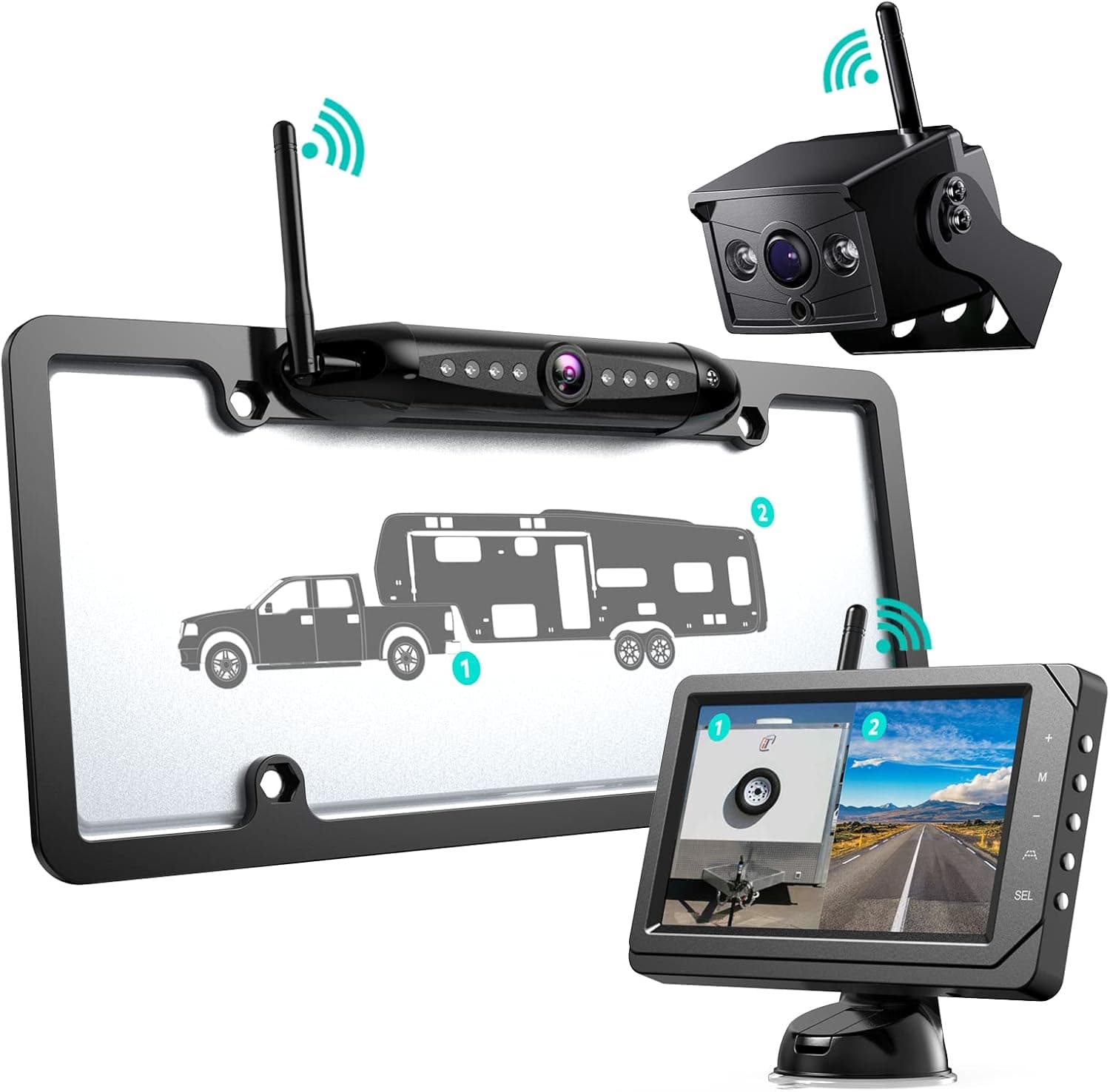 Nuoenx Wireless Backup Camera for RV, Split Screen 5 Inch HD Monitor W/Wireless License Plate Backup Camera & Wireless Rear View Camera, IR Night Vision Waterproof Camera for RV, Trailer, 5th Wheel