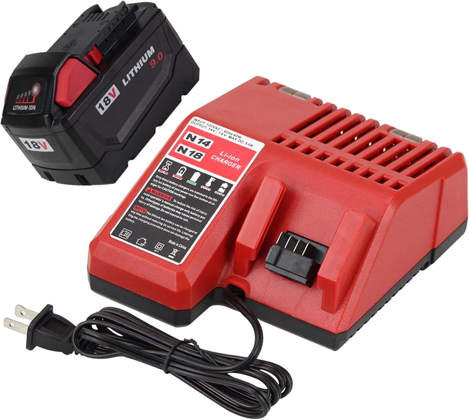 1 Pack 18V 9.0Ah Li-ion Replacement for Milwaukee M18 battery with charger combo + 14.4V-18V Charger Replacement for Milwaukee M18 Battery XC Rapid Charger