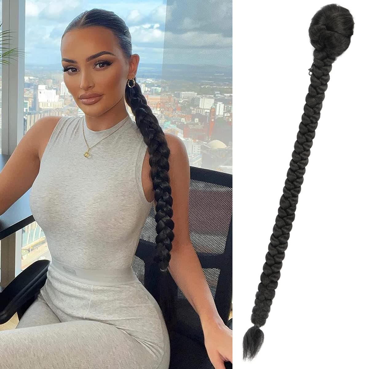 Braided Ponytail Extension for Women Drawstring Ponytail Long Kinky Straight Clip in Ponytail Hairpiece Fluffy Thick Hair Extensions Ponytail Synthetic 34 Inch Black Ponytail Extensions (1B-braided)