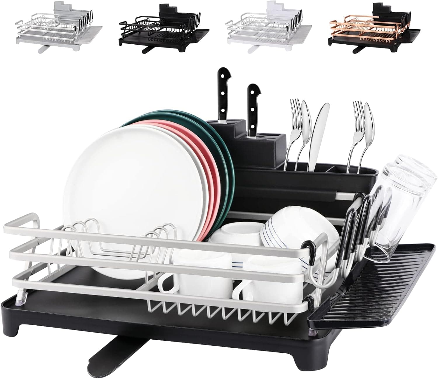 ROTTOGOON [Upgraded Aluminum Dish Drying Rack, Rustproof Dish Rack and Drainboard Set with Drainage, Utensil Holder, Cup Holder, Compact Dish Drainer for Kitchen Counter, 16.9"x12.2", Black & Silver