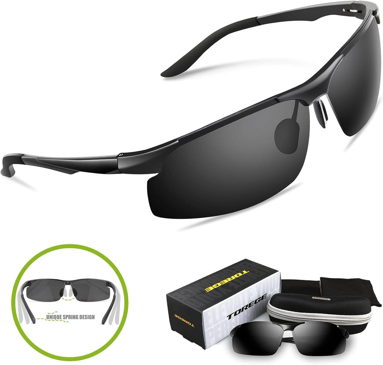 Torege Men's Sports Style Polarized Sunglasses For Cycling Running Fishing Driving Golf Unbreakable Al-Mg Metal Frame Glasses M291 (Black)